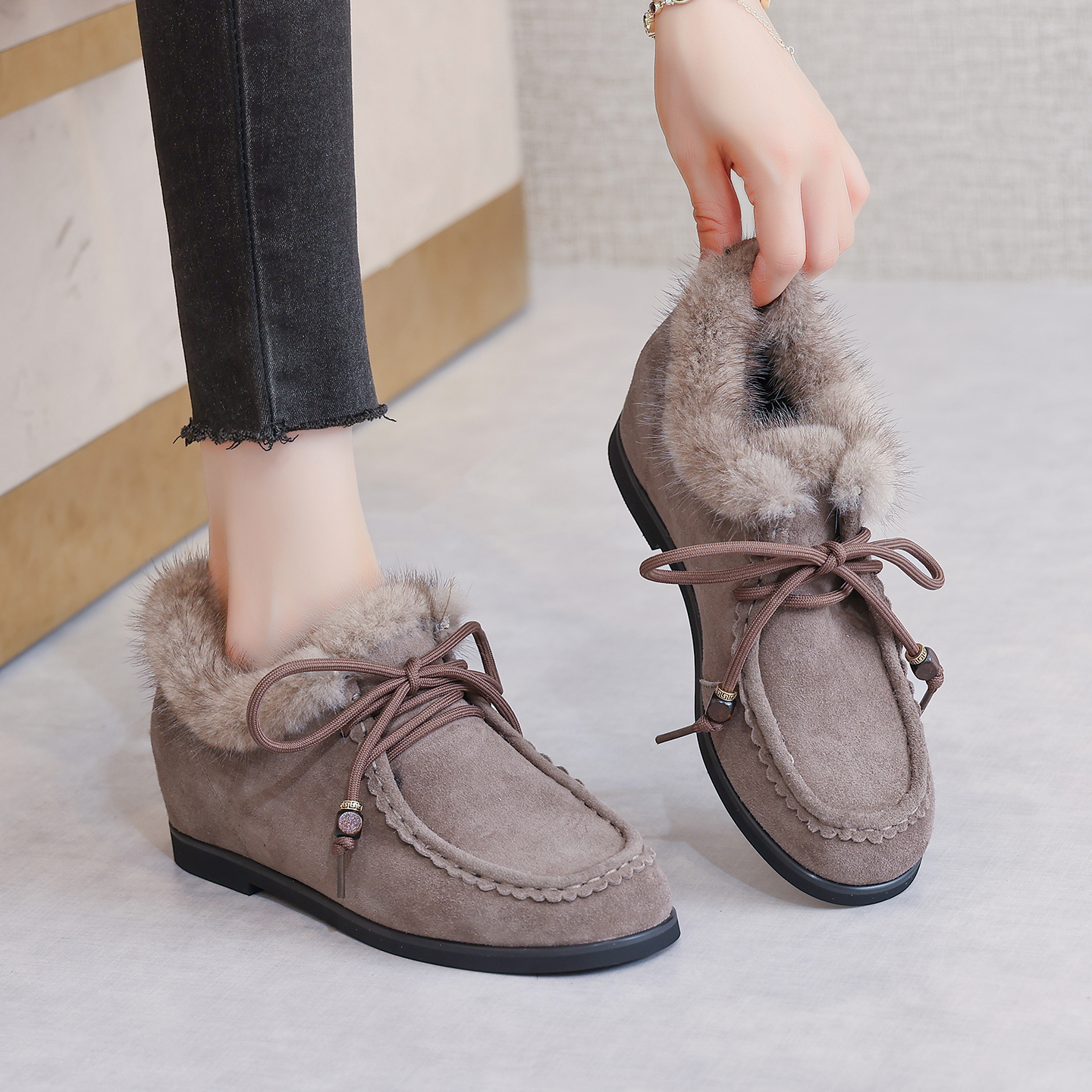 真皮毛毛鞋女冬外穿2025新款水貂毛系带软底保暖棉鞋子加绒豆豆鞋