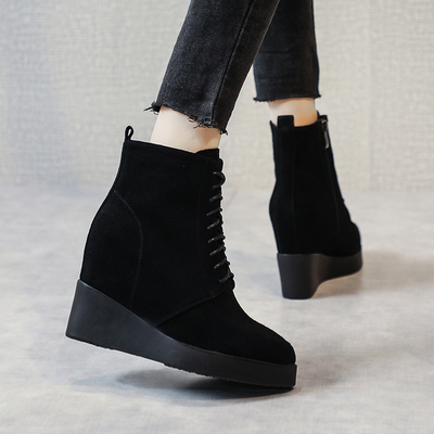 内增高小个子磨砂真皮坡跟短靴