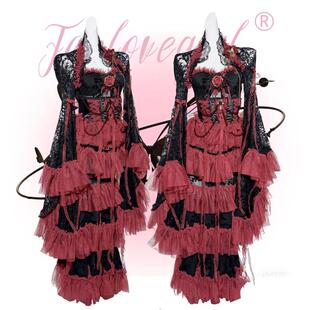 饭粒家 原创设计哥特蕾丝蒸汽红宫廷洛可可外套三件套连衣裙吊带