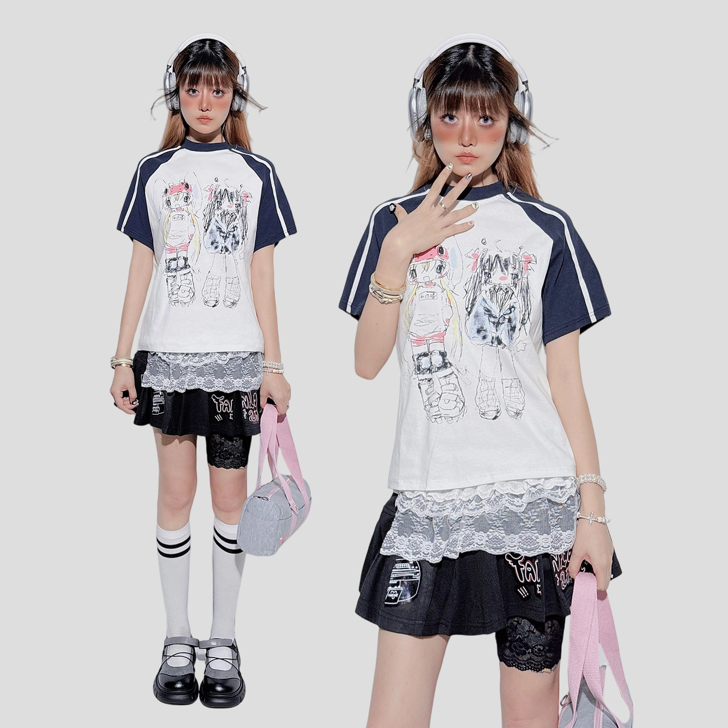 复古印花宽松运动短袖T恤女高棉