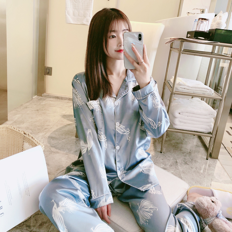 AI Shang's real spring pajamas new ice silk silk imitation silk double long home suit