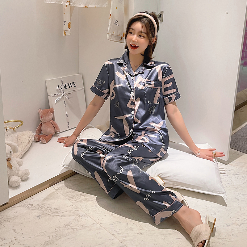 AI Shang's real summer pajamas new ice silk short sleeve sweet cardigan thin breathable comfortable home clothes