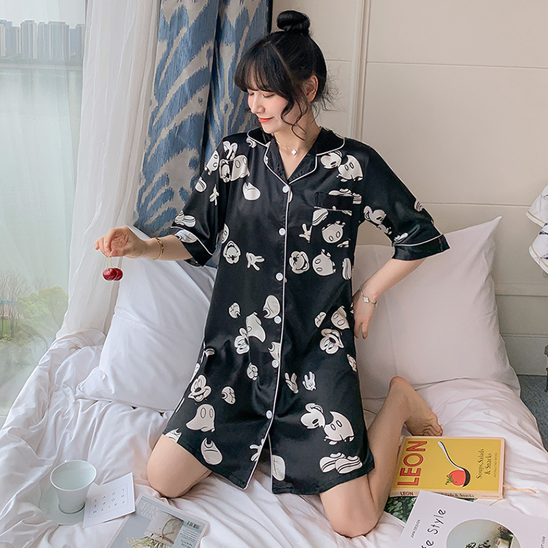 AI Shang's new summer ice silk medium sleeve nightdress sweet cardigan skirt thin breathable comfortable pajamas