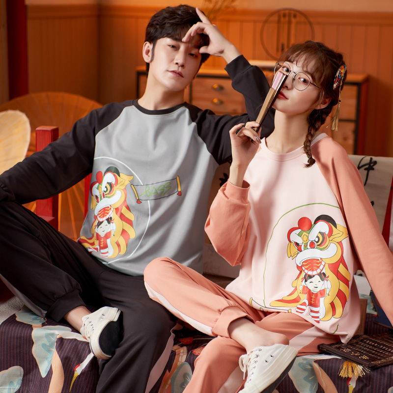 AI Shang's new year combed cotton couple's pajamas with long sleeves and round neck