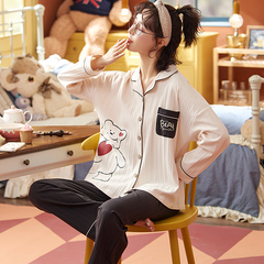 AI Shang's real photo of spring pajamas cotton striped cardigan long sleeve trousers suit Korean simple home clothes