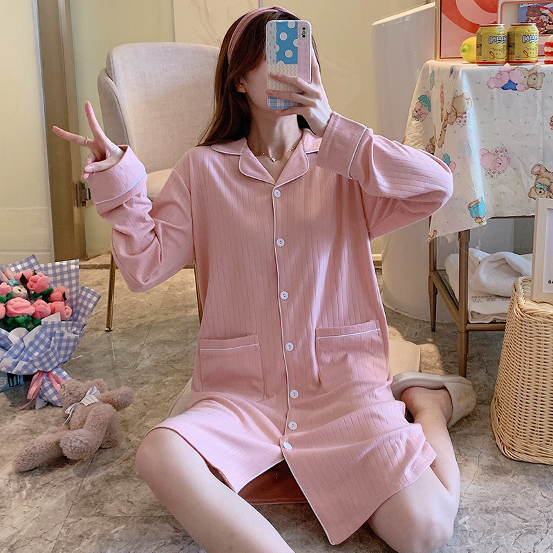 Real pajamas new striped autumn long sleeve knitted cotton nightdress