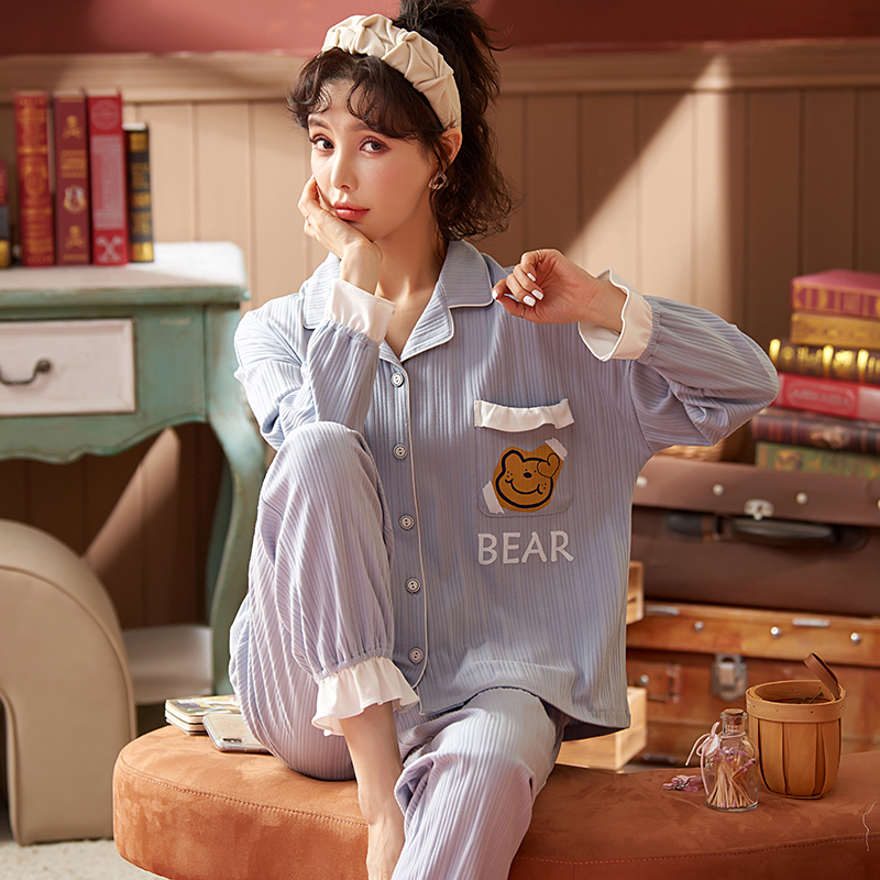 AI Shang's real photo of spring pajamas cotton striped cardigan long sleeve trousers suit Korean simple home clothes