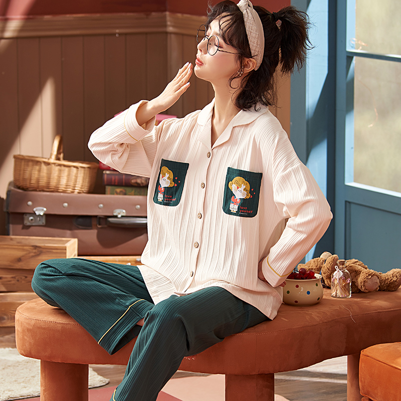 AI Shang's real photo of spring pajamas cotton striped cardigan long sleeve trousers suit Korean simple home clothes