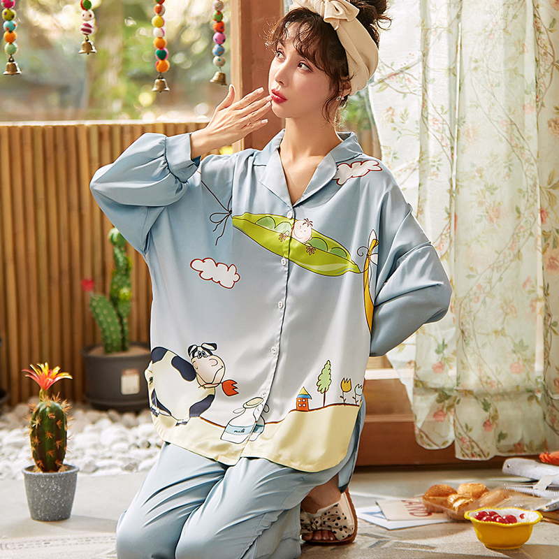 AI Shang's real ice silk pajamas women's spring and autumn long sleeve new leisure large size can wear suit home clothes