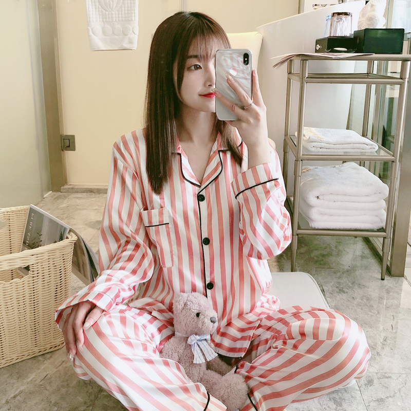 Real shot spring pajamas new ice silk silk imitation silk double length home suit