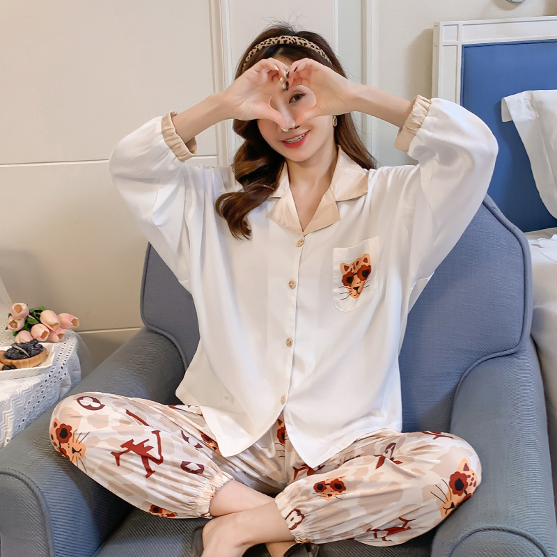 AI Shang's real spring and summer pajamas ice silk long sleeve suit student sexy little silk home clothes