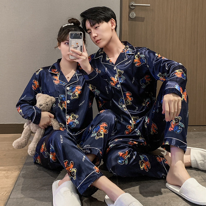 Spring and autumn couple pajamas men and women spring and autumn long sleeve trousers imitation silk ice silk leisure home suit