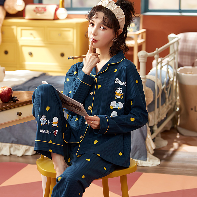 AI Shang's real photo of spring pajamas cotton striped cardigan long sleeve trousers suit Korean simple home clothes