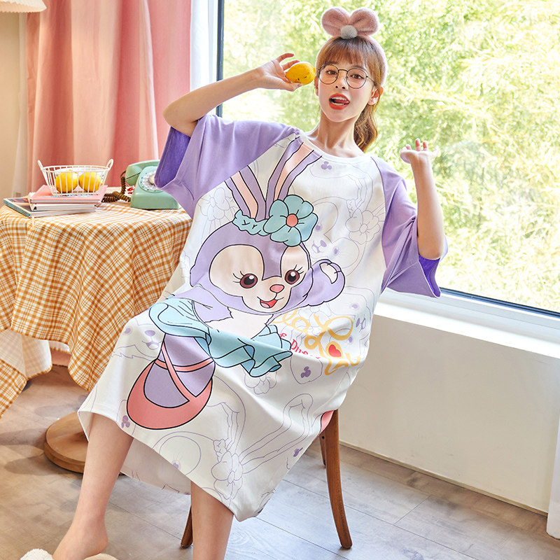Women's summer cotton short sleeve long dress Korean casual cartoon pajamas