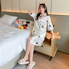 AI Shang's new summer ice silk medium sleeve nightdress sweet cardigan skirt thin breathable comfortable pajamas