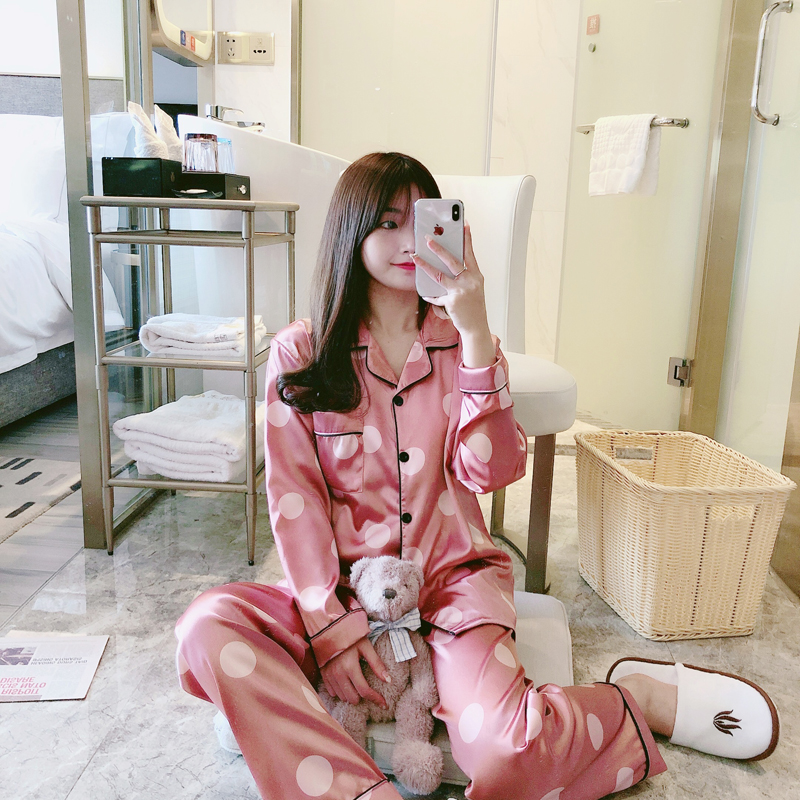 AI Shang's real spring pajamas new ice silk silk imitation silk double long home suit