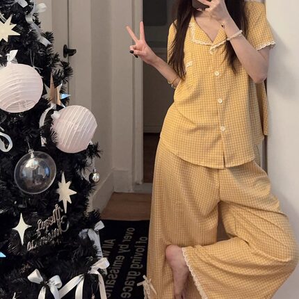 黄色格子睡衣女夏季韩版甜美花边高级感短袖长裤家居服套装可外穿