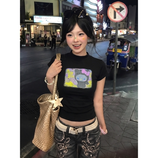 黑色美式辣妹半高领kitty猫短袖T恤女夏修身显瘦抽褶显瘦修身上衣