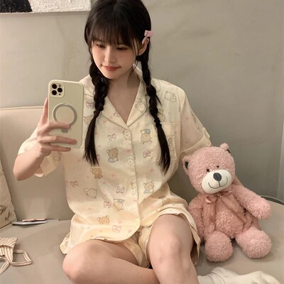 轻松熊冰丝睡衣女夏季短袖短裤2025新款可爱卡通带胸垫家居服套装