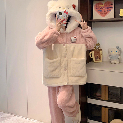 睡衣甜美kt猫家居服珊瑚绒长袖
