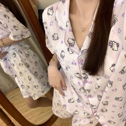 紫色HelloKitty带胸垫睡衣女夏季短袖短裤可爱卡通学生家居服套装