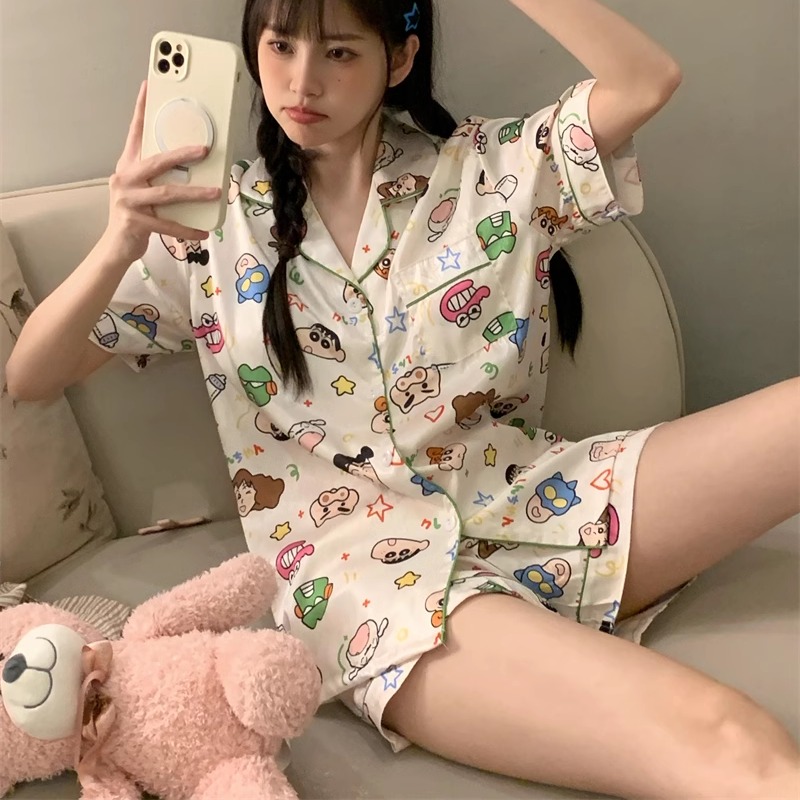卡通蜡笔小新睡衣女夏季薄款短袖短裤冰丝凉感带胸垫可外穿家居服