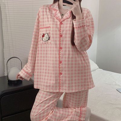 粉色格子HelloKitty纯棉睡衣女春秋季长袖长裤卡通可爱学生家居服