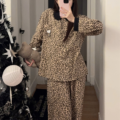 韩版豹纹HelloKitty纯棉睡衣女春秋季长袖长裤外穿休闲舒适家居服