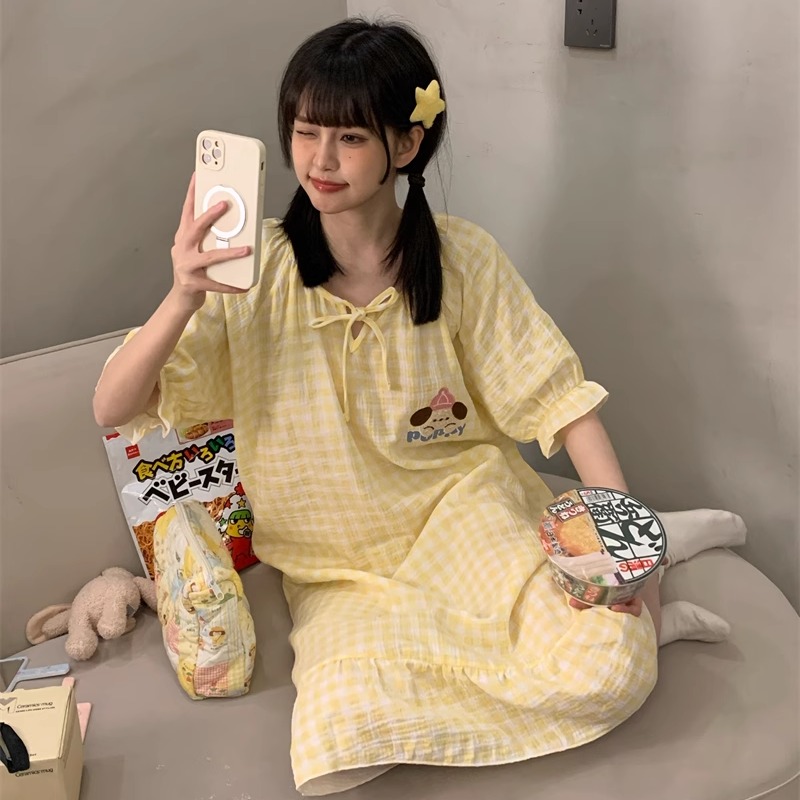 可爱黄色格子布丁狗纯棉纱布睡裙
