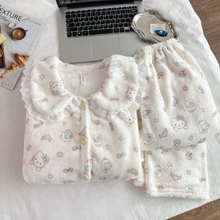 娃娃领HelloKitty法兰绒睡衣女秋冬季加绒加厚保暖可爱卡通家居服