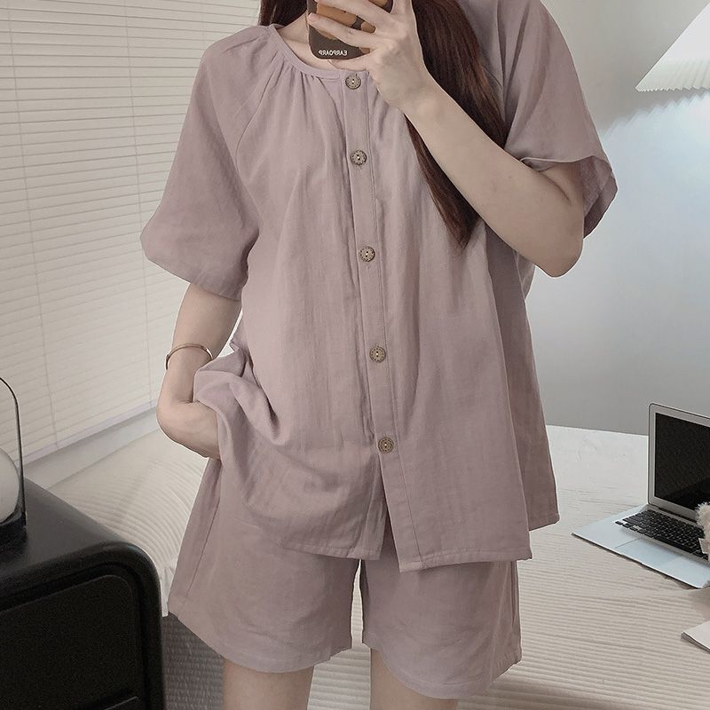 韩版紫色纯棉睡衣女款夏季双层棉纱短袖短裤可外穿全棉家居服套装