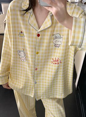 日系黄色格子HelloKitty纯棉睡衣女春秋季长袖长裤可爱卡通家居服