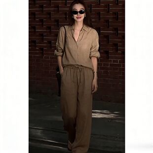 老钱风穿搭高级感棉麻套装 两件套 女淡人高知休闲慵懒亚麻棕色衬衫