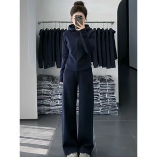 深蓝色时尚休闲运动服套装女2026春秋修身显瘦连帽开衫卫衣阔腿裤