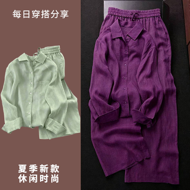 老钱风时尚亚麻衬衫套装女图片