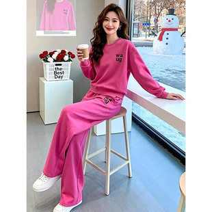 两件套 洋气炸街玫红色卫衣阔腿裤 早秋加厚休闲运动套装 女2025冬季