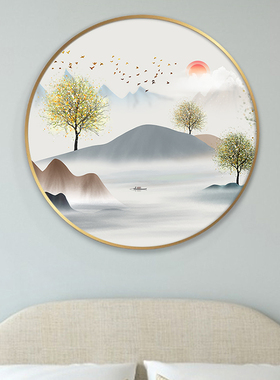乾度新中式圆形壁画玄关山水挂画