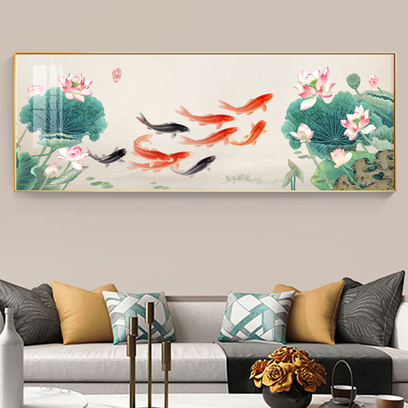 中式九鱼图横版幅客厅沙发背景墙壁挂画装饰画年年有鱼荷莲花鲤鱼图片
