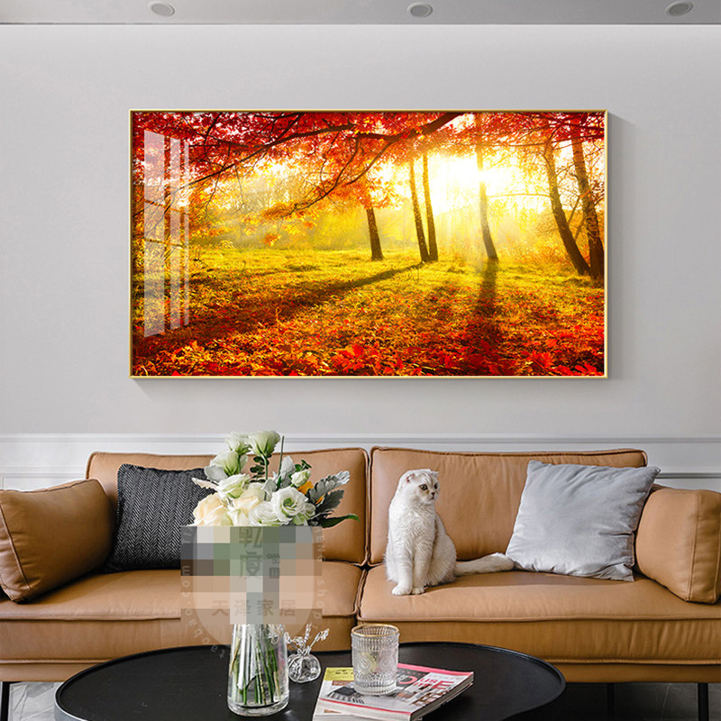 黄金色森林日出光照树林风景装饰画客厅餐厅卧室背景墙画挂画横版