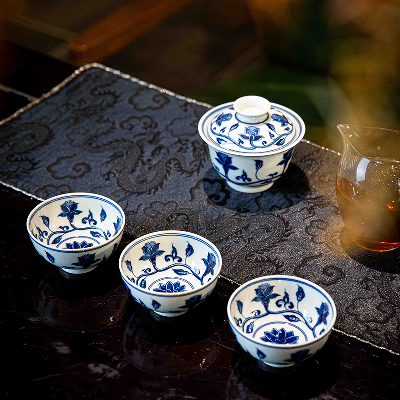 景德匠造景德镇陶瓷秋葵盖碗茶杯套装主人杯品茗杯青花泡茶盖碗