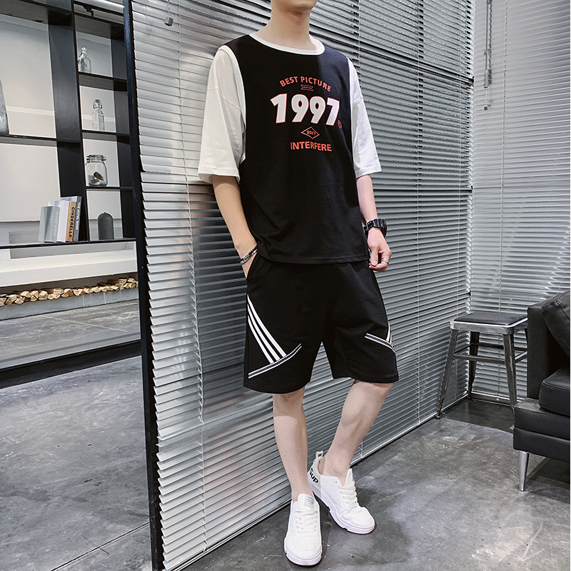 Summer sportswear men's casual shorts loose Hong Kong Style t-shirt men's two-piece set