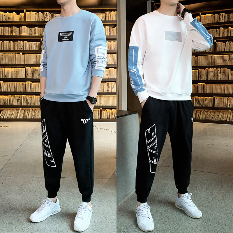 2021 spring Korean leisure two piece round neck sports long sleeve sweater casual suit for men