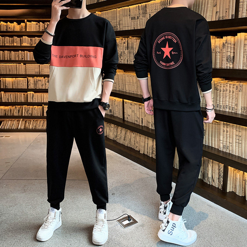 2021 spring youth cool round neck leisure Long Sleeve T loose sweatpants suit men