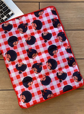日系卡通蒙奇奇红色格子16寸笔记本电脑包可爱超轻防震手拿内胆包