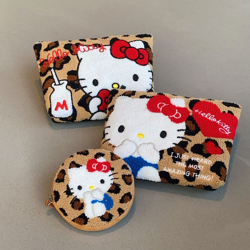 日系卡通猫咪豹纹手拿包小挂包