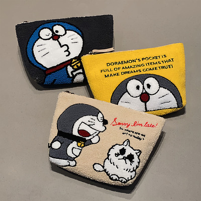 日系蓝胖子刺绣毛绒帆布手拿包