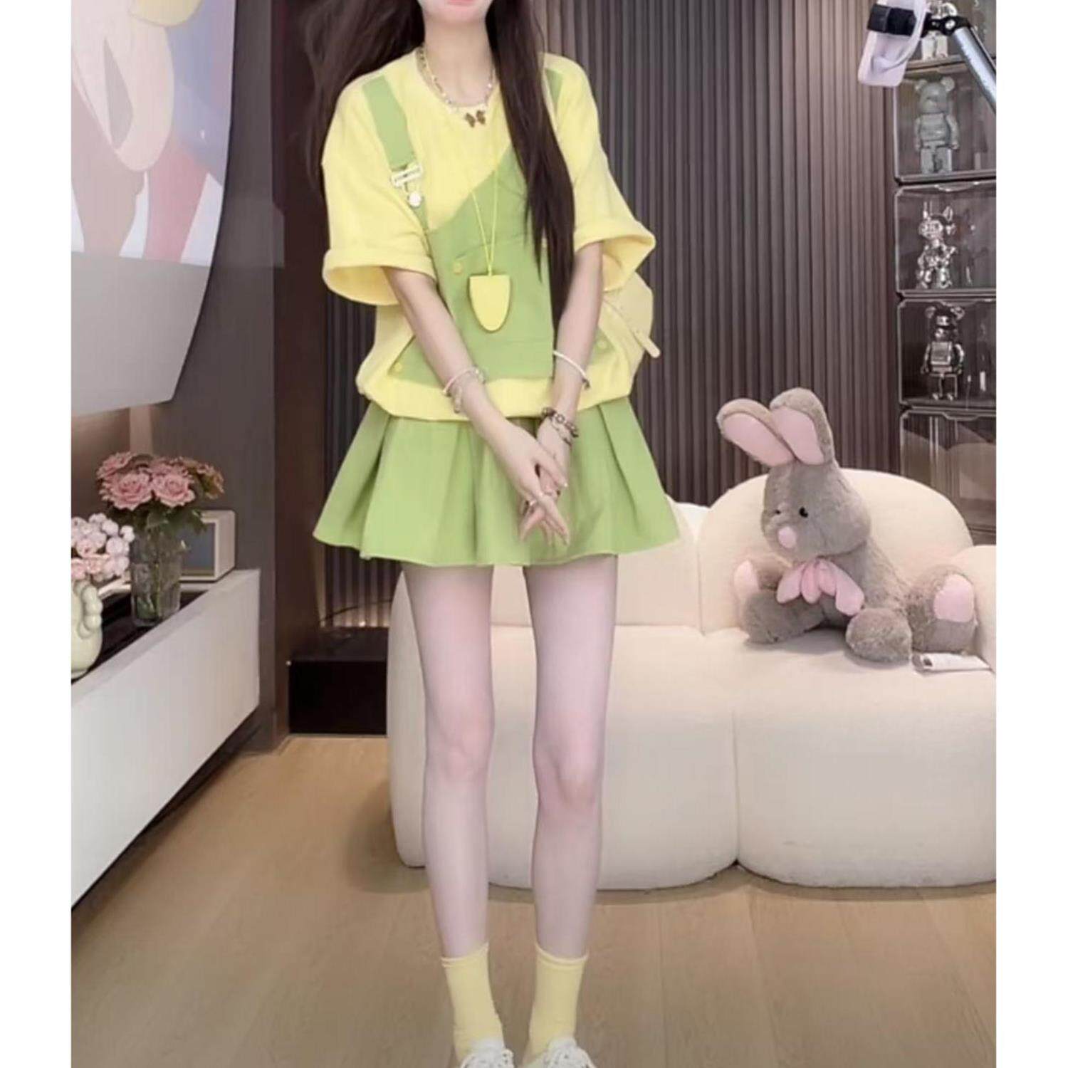 2025夏季女装短袖套装 小个子假两件设计 上衣加短裙两件套 XXL可