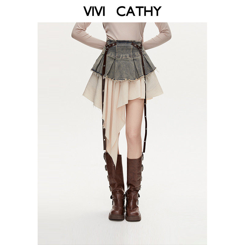 VIVICATHY美式不规则牛仔半身裙女2026春季新款显瘦气质A字短裙子