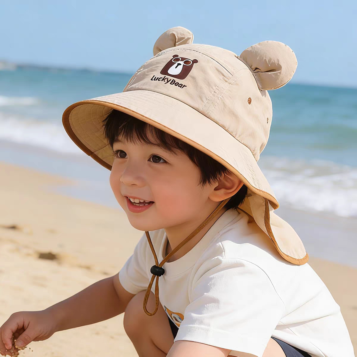 儿童帽子新款卡通小熊披肩帽夏季男女童防晒遮阳帽大帽檐可折叠