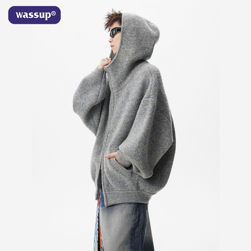 wassup针织开衫男款秋季复古慵懒风高领毛衣美式高街情侣休闲外套